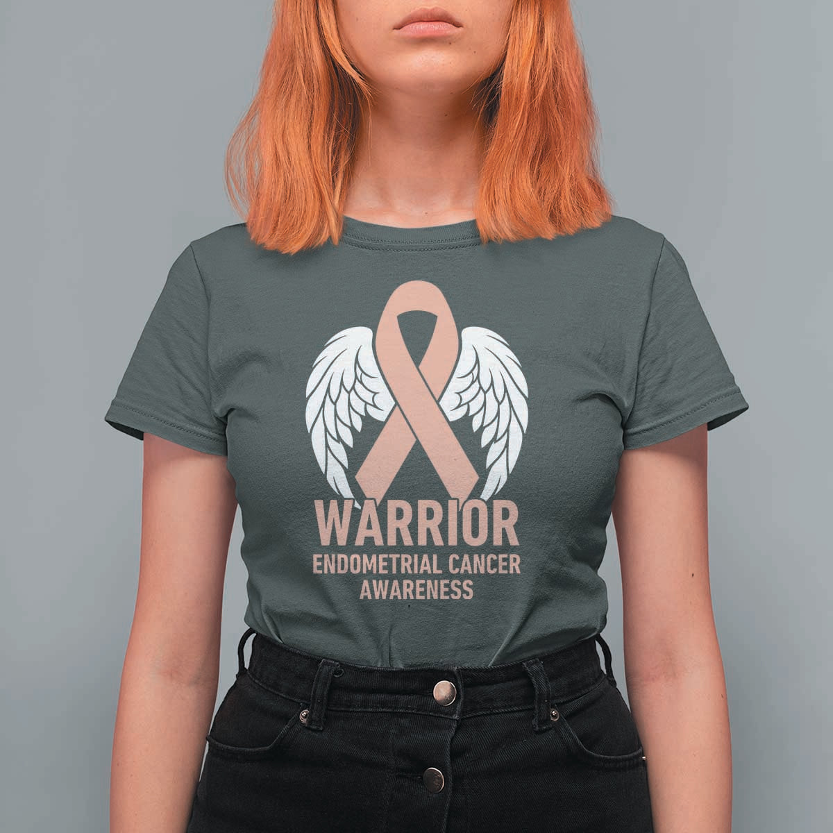 Endometrial Cancer Warrior T Shirt For Women Peach Ribbon Angel Wings Support
