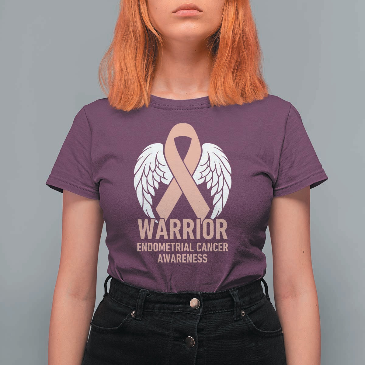 Endometrial Cancer Warrior T Shirt For Women Peach Ribbon Angel Wings Support