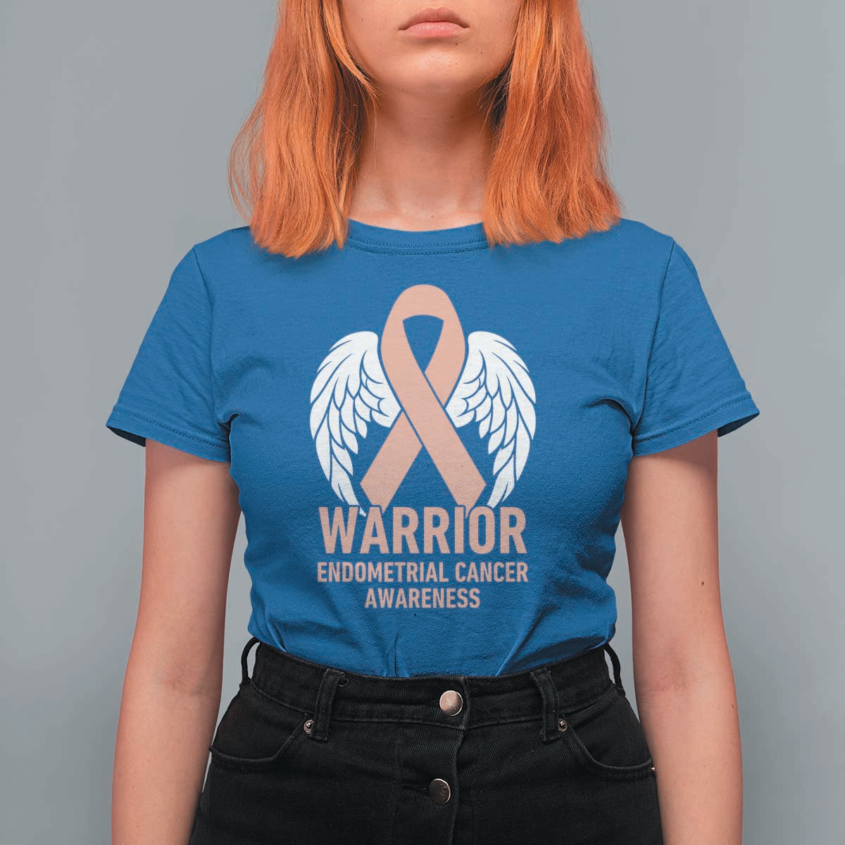 Endometrial Cancer Warrior T Shirt For Women Peach Ribbon Angel Wings Support