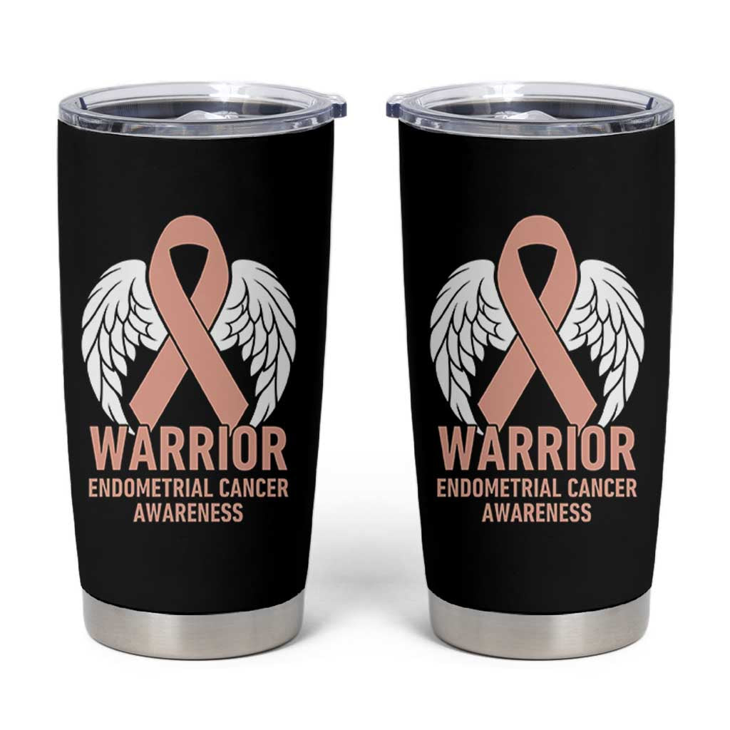 Endometrial Cancer Warrior Tumbler Cup Peach Ribbon Angel Wings Support