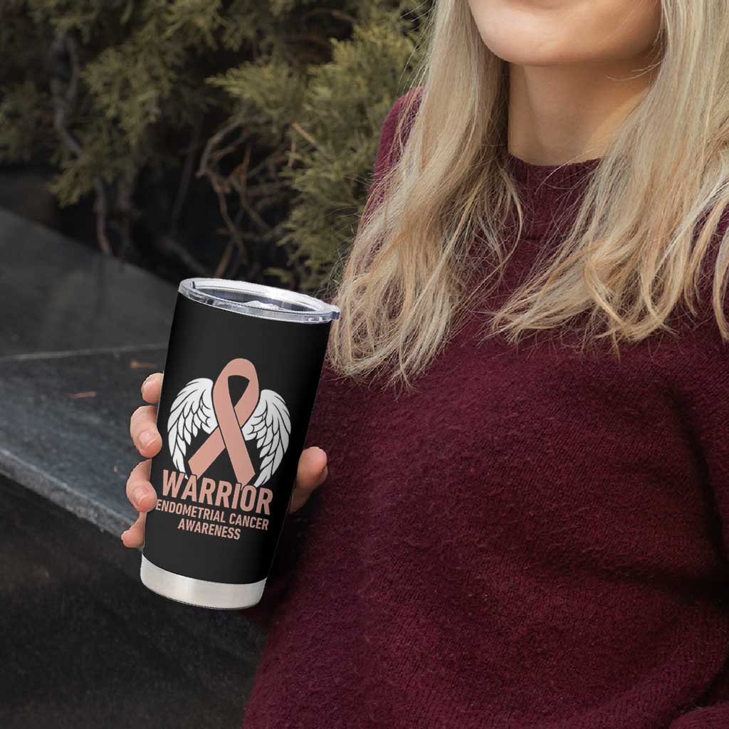 Endometrial Cancer Warrior Tumbler Cup Peach Ribbon Angel Wings Support