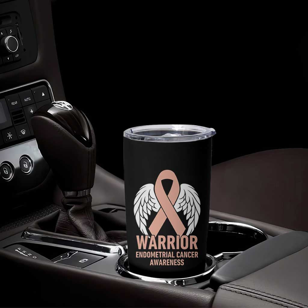 Endometrial Cancer Warrior Tumbler Cup Peach Ribbon Angel Wings Support