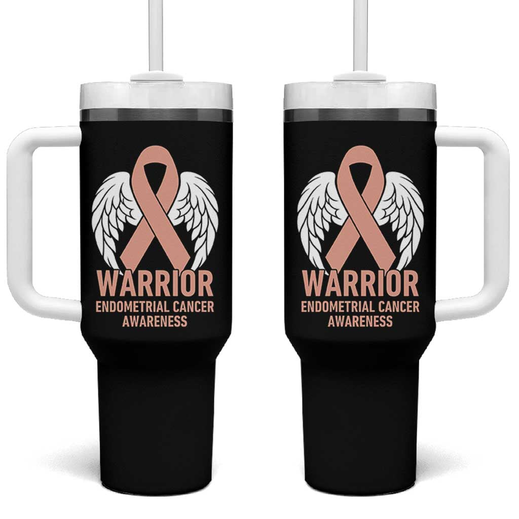 Endometrial Cancer Warrior Tumbler With Handle Peach Ribbon Angel Wings Support