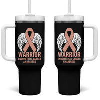 Endometrial Cancer Warrior Tumbler With Handle Peach Ribbon Angel Wings Support