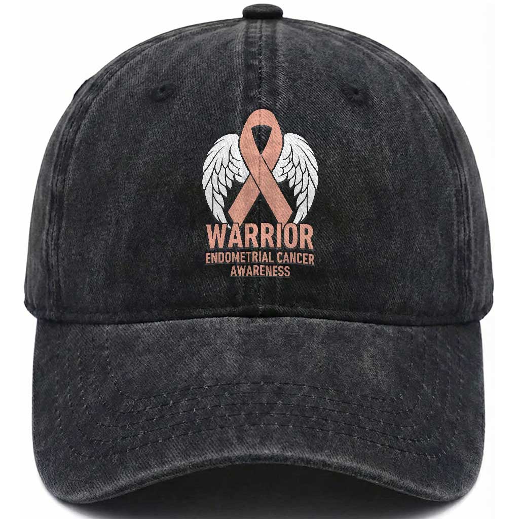 Endometrial Cancer Warrior Washed Cotton Baseball Cap Peach Ribbon Angel Wings Support
