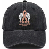 Endometrial Cancer Warrior Washed Cotton Baseball Cap Peach Ribbon Angel Wings Support