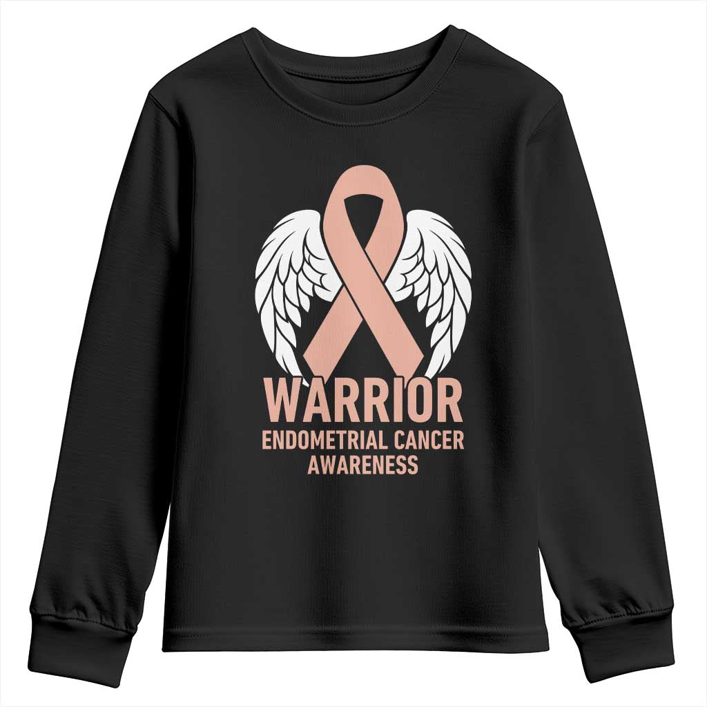 Endometrial Cancer Warrior Youth Sweatshirt Peach Ribbon Angel Wings Support