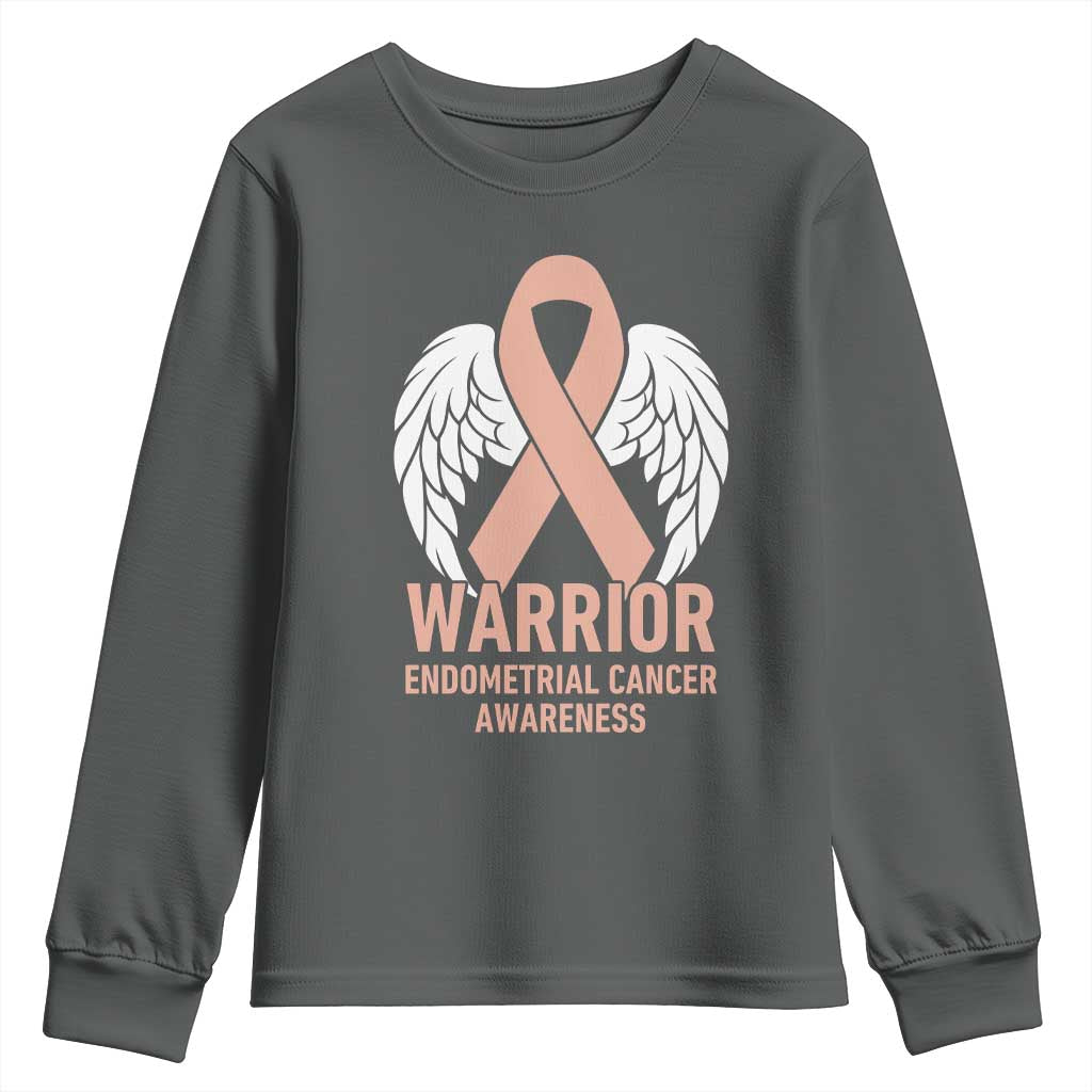 Endometrial Cancer Warrior Youth Sweatshirt Peach Ribbon Angel Wings Support