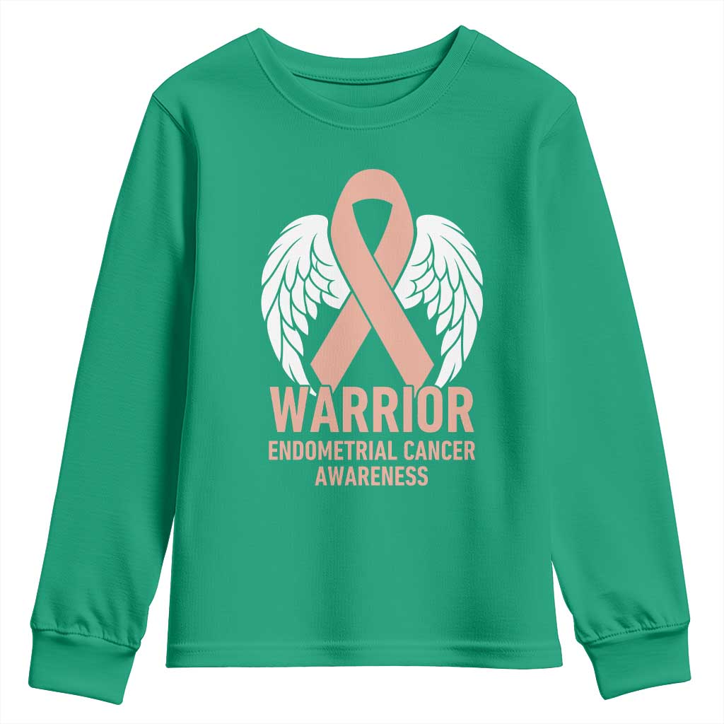 Endometrial Cancer Warrior Youth Sweatshirt Peach Ribbon Angel Wings Support