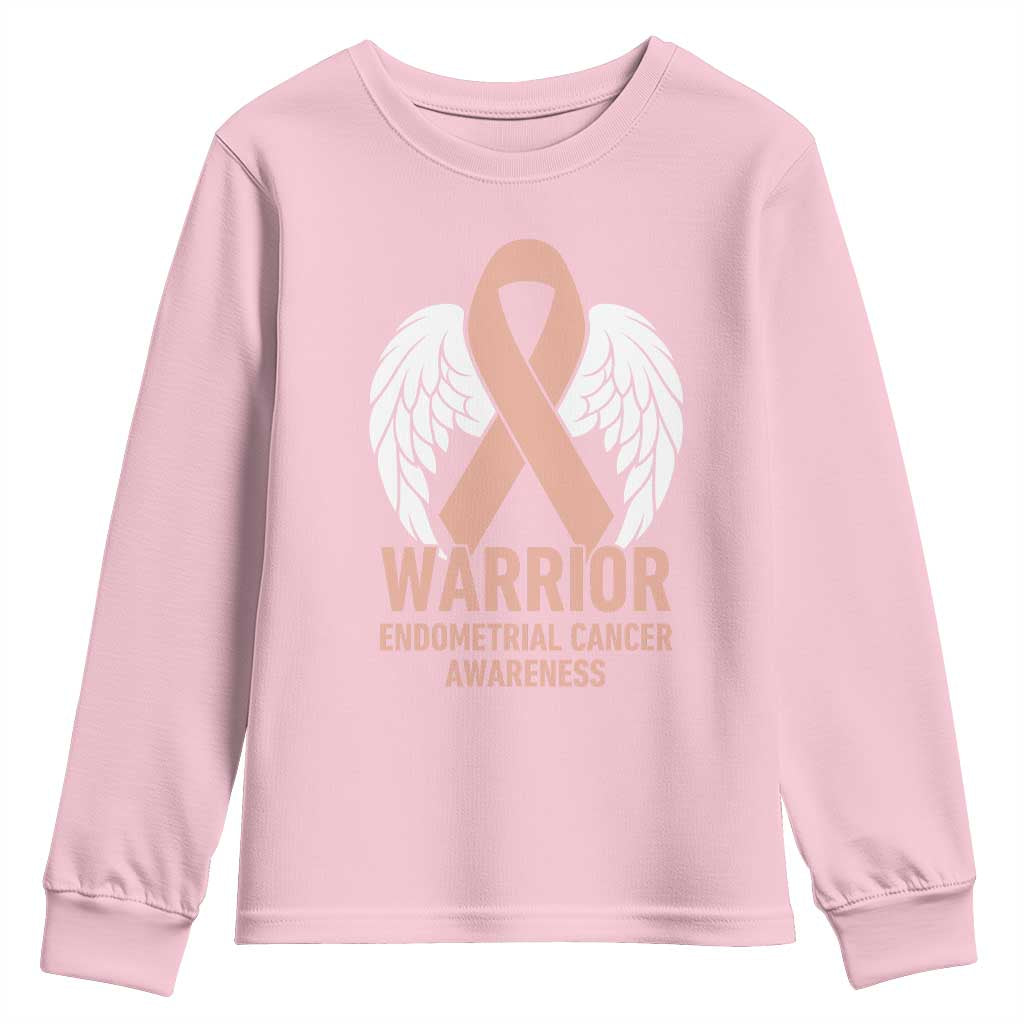 Endometrial Cancer Warrior Youth Sweatshirt Peach Ribbon Angel Wings Support