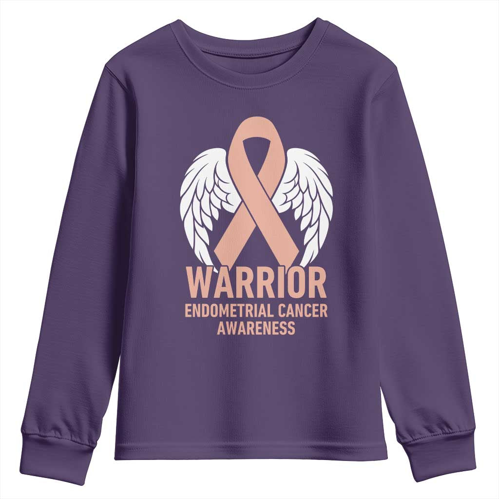 Endometrial Cancer Warrior Youth Sweatshirt Peach Ribbon Angel Wings Support