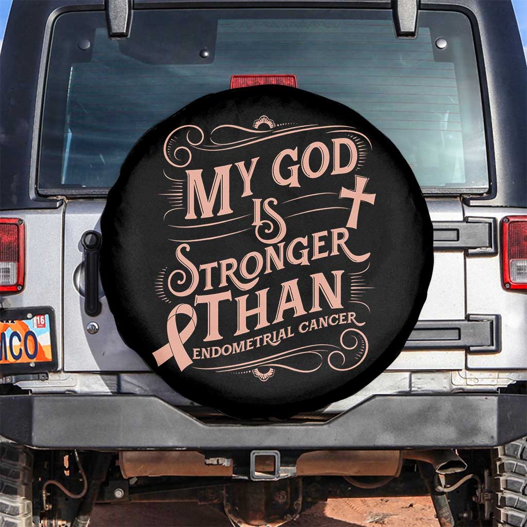 Christian Faith Peach Ribbon Spare Tire Cover My God Is Stronger Than Endometrial Cancer