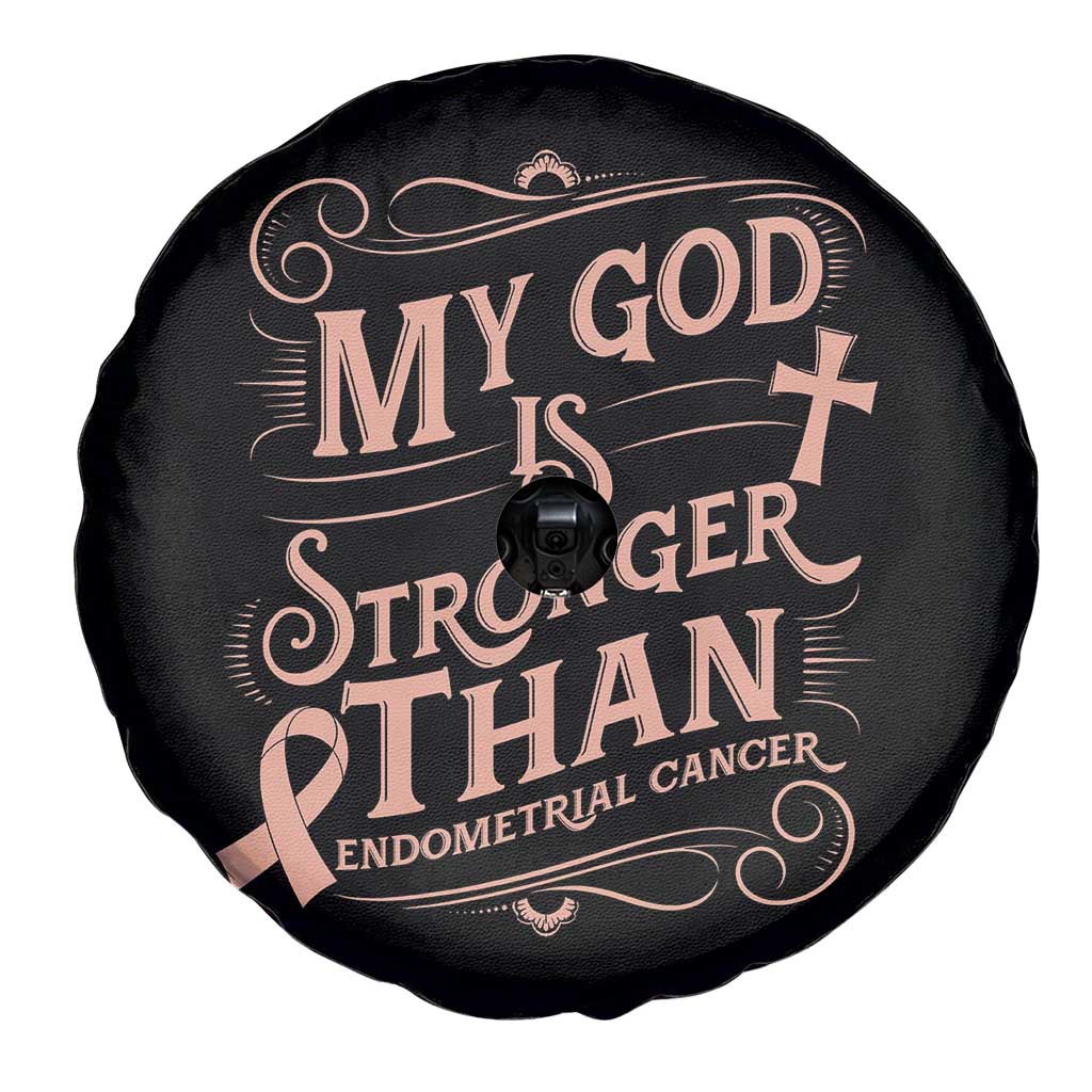 Christian Faith Peach Ribbon Spare Tire Cover My God Is Stronger Than Endometrial Cancer