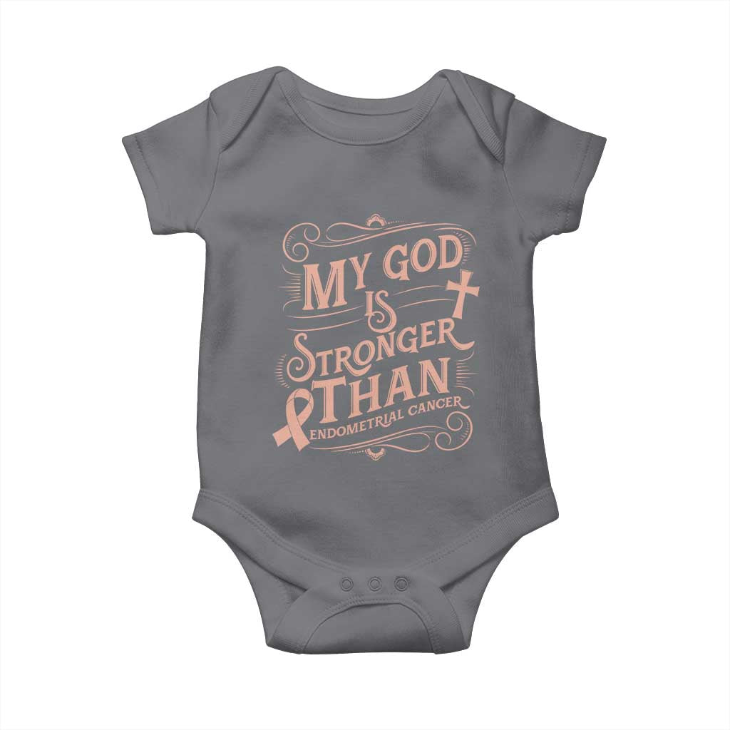 Christian Faith Peach Ribbon Baby Onesie My God Is Stronger Than Endometrial Cancer