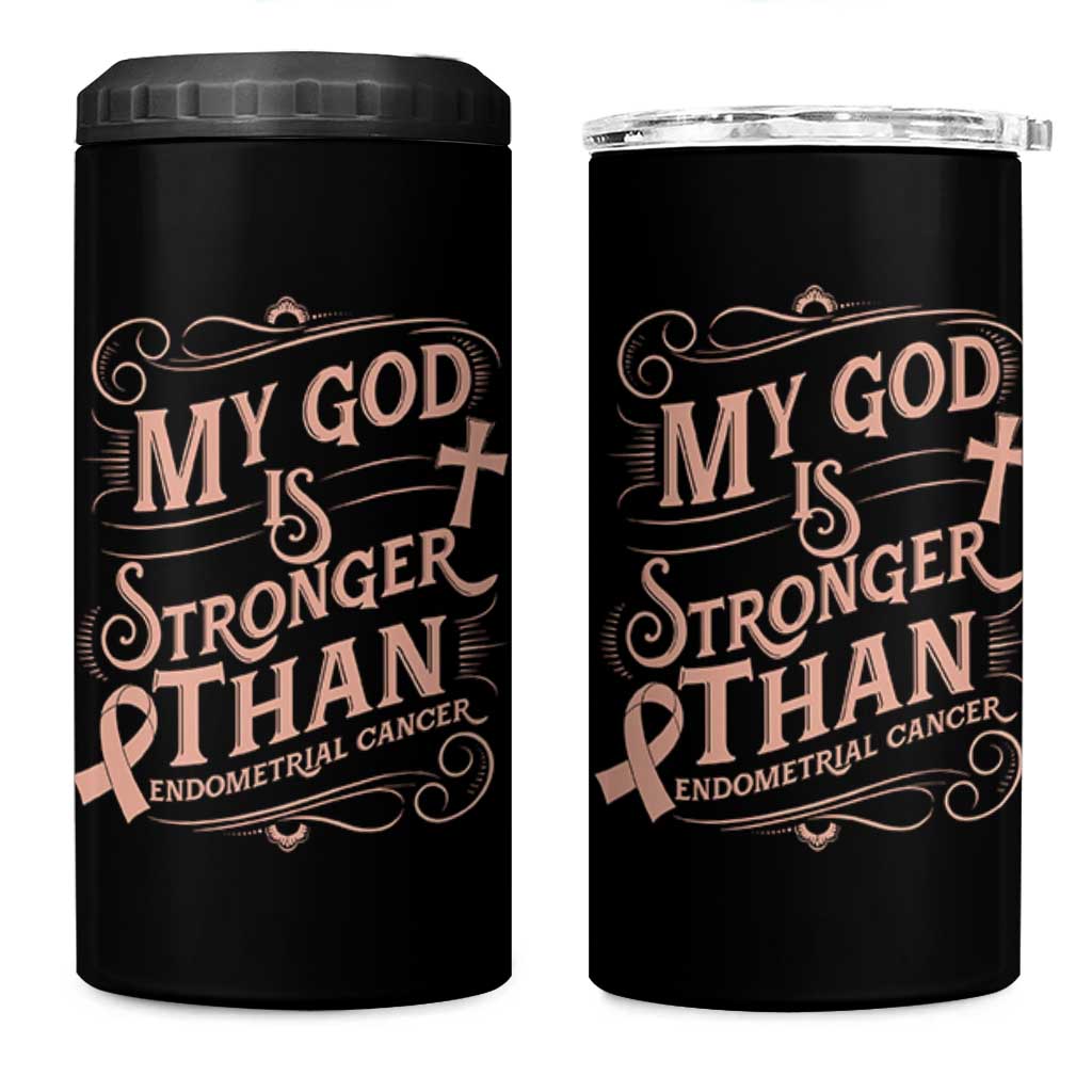 Christian Faith Peach Ribbon 4 in 1 Can Cooler Tumbler My God Is Stronger Than Endometrial Cancer