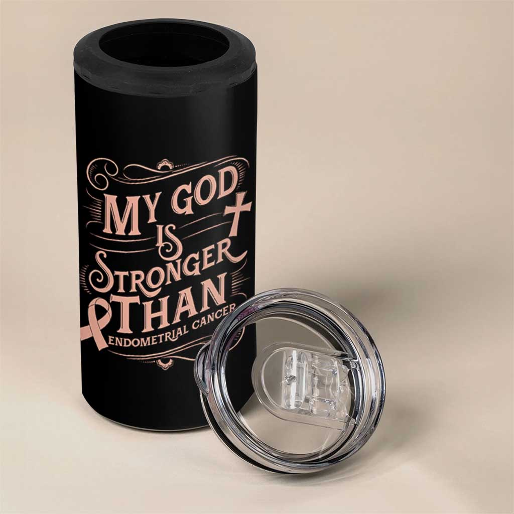 Christian Faith Peach Ribbon 4 in 1 Can Cooler Tumbler My God Is Stronger Than Endometrial Cancer