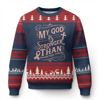 Christian Faith Peach Ribbon Ugly Christmas Sweater My God Is Stronger Than Endometrial Cancer