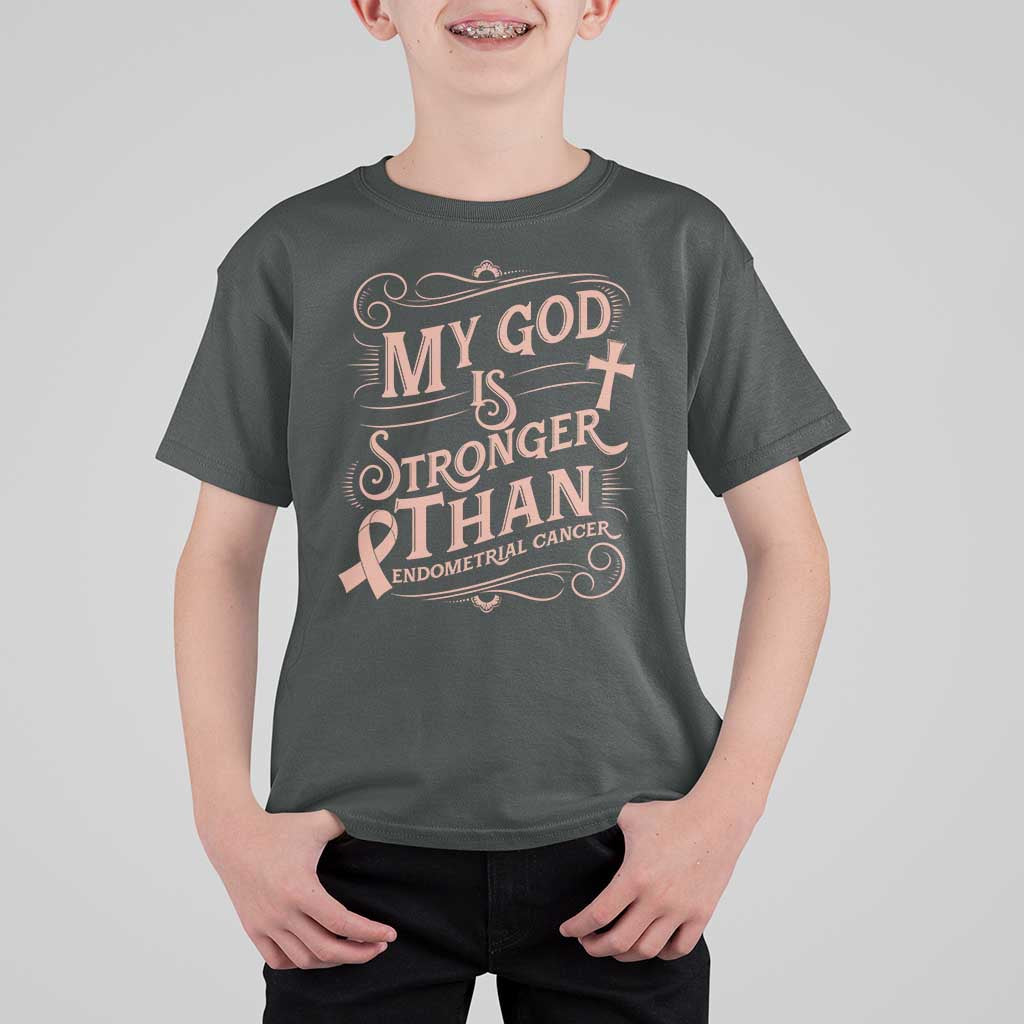 Christian Faith Peach Ribbon T Shirt For Kid My God Is Stronger Than Endometrial Cancer