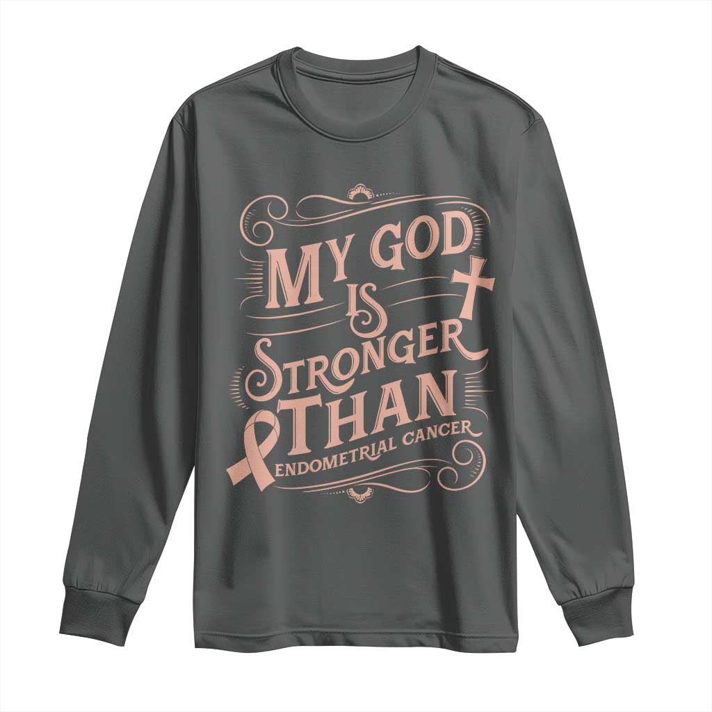 Christian Faith Peach Ribbon Long Sleeve Shirt My God Is Stronger Than Endometrial Cancer