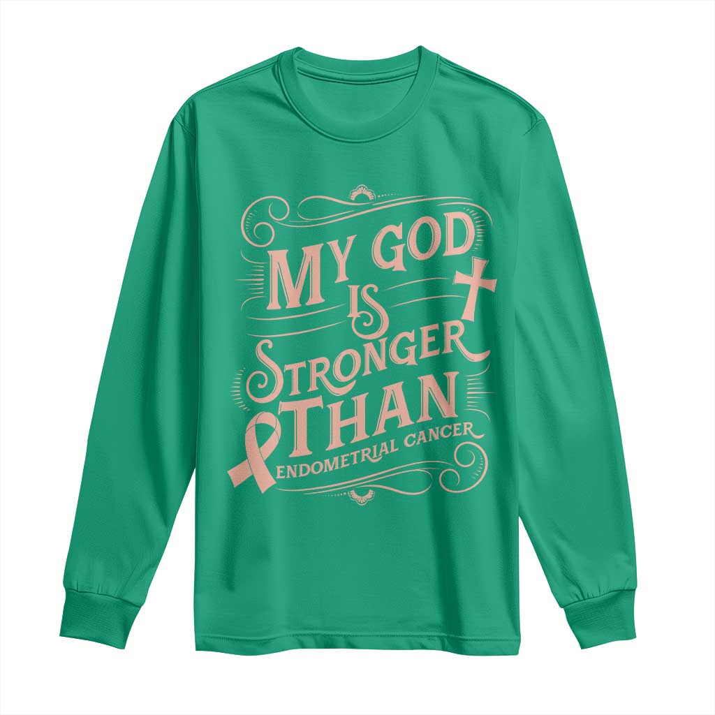 Christian Faith Peach Ribbon Long Sleeve Shirt My God Is Stronger Than Endometrial Cancer