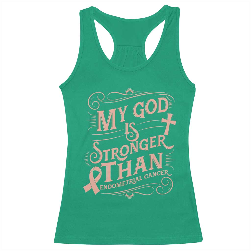 Christian Faith Peach Ribbon Racerback Tank Top My God Is Stronger Than Endometrial Cancer