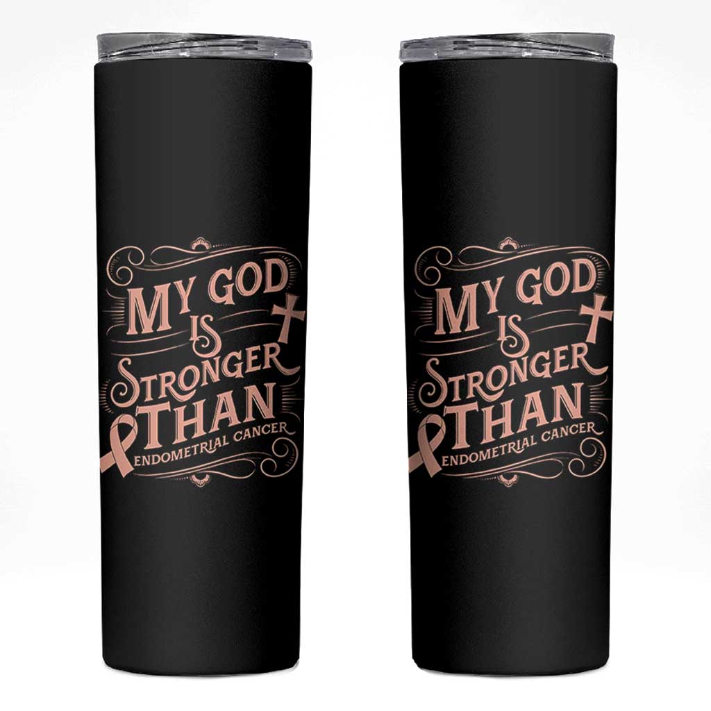 Christian Faith Peach Ribbon Skinny Tumbler My God Is Stronger Than Endometrial Cancer