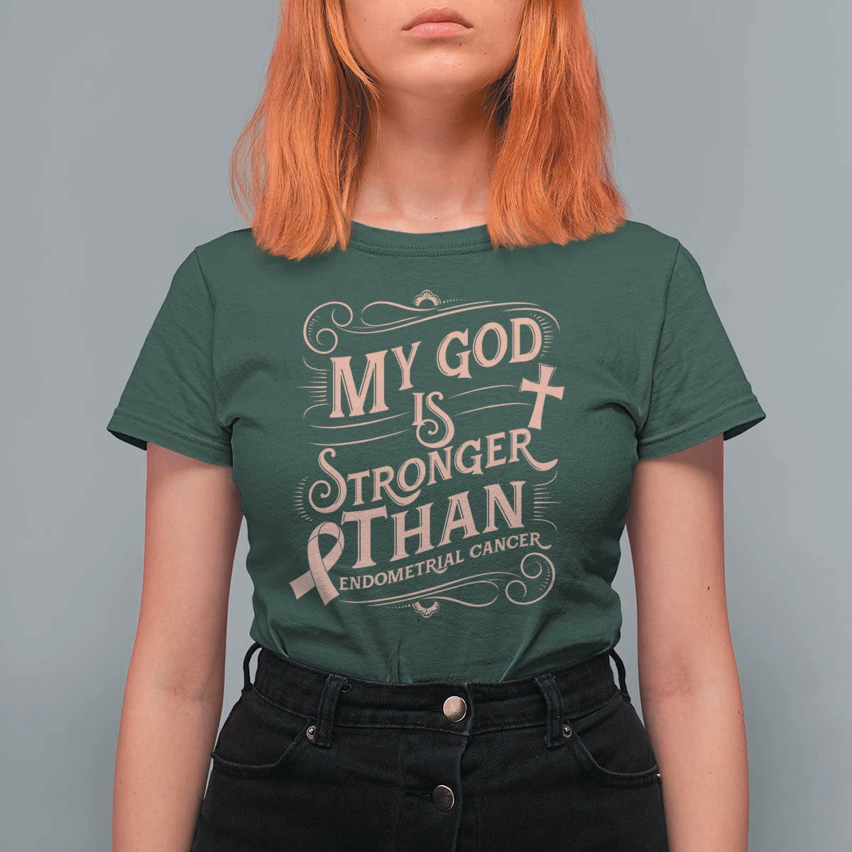Christian Faith Peach Ribbon T Shirt For Women My God Is Stronger Than Endometrial Cancer