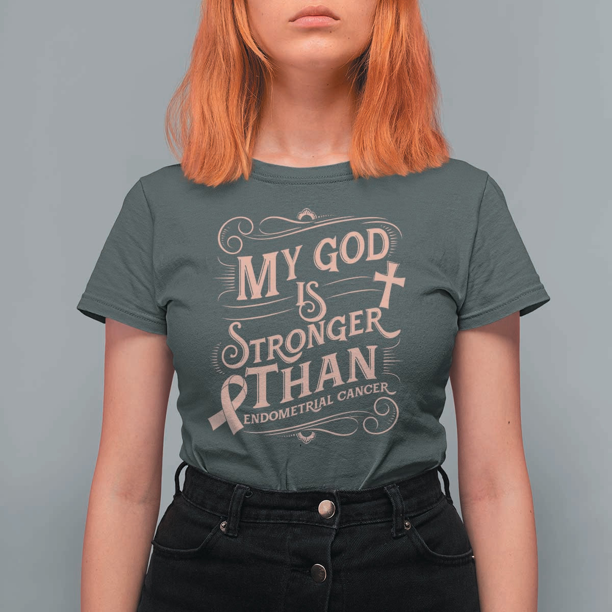 Christian Faith Peach Ribbon T Shirt For Women My God Is Stronger Than Endometrial Cancer