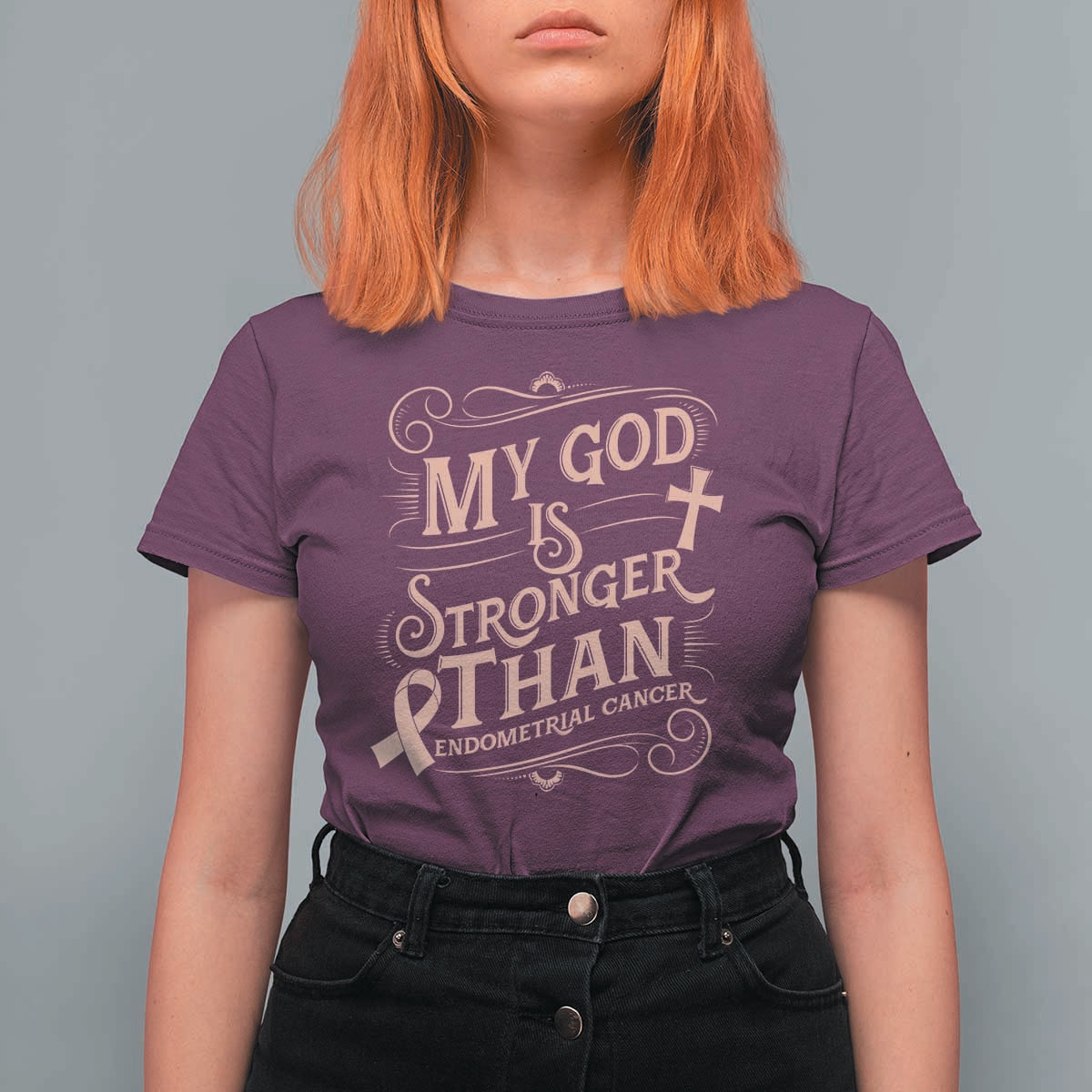 Christian Faith Peach Ribbon T Shirt For Women My God Is Stronger Than Endometrial Cancer