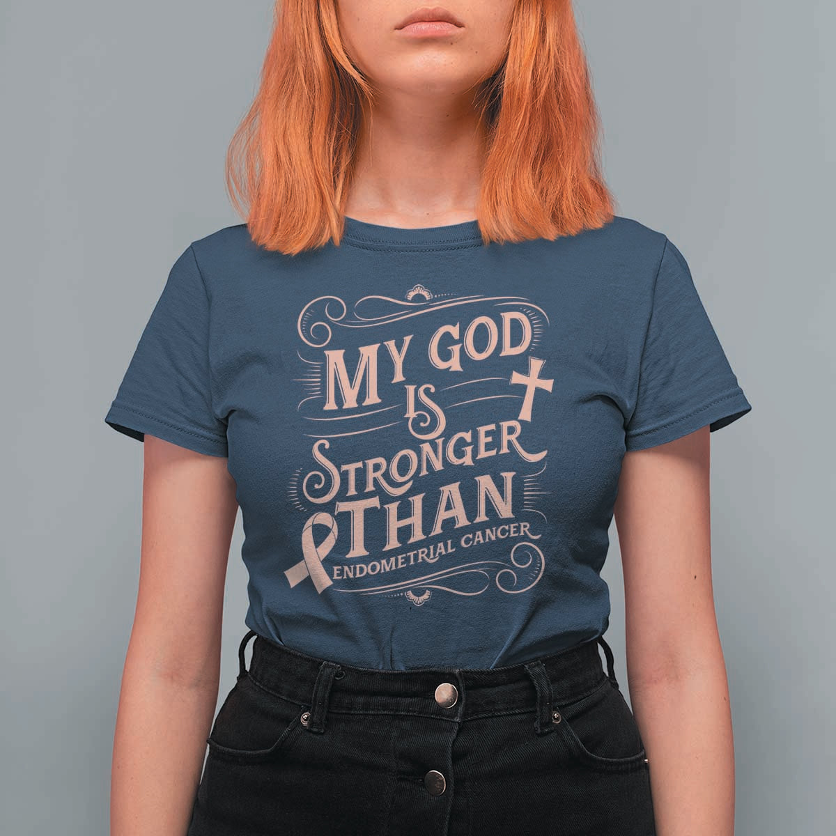 Christian Faith Peach Ribbon T Shirt For Women My God Is Stronger Than Endometrial Cancer