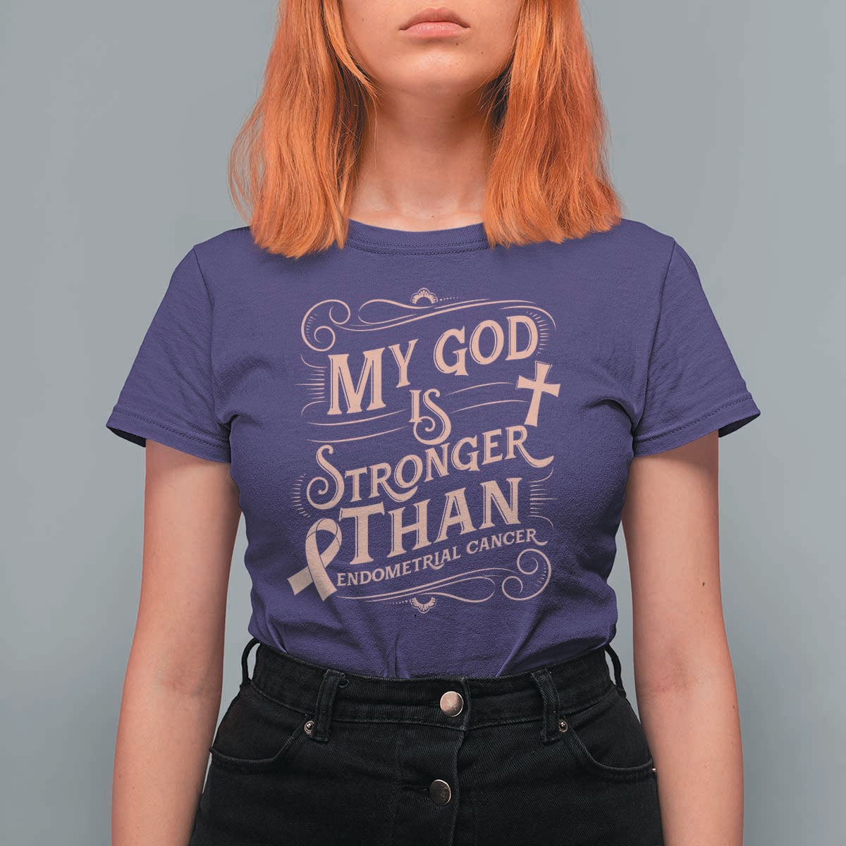 Christian Faith Peach Ribbon T Shirt For Women My God Is Stronger Than Endometrial Cancer