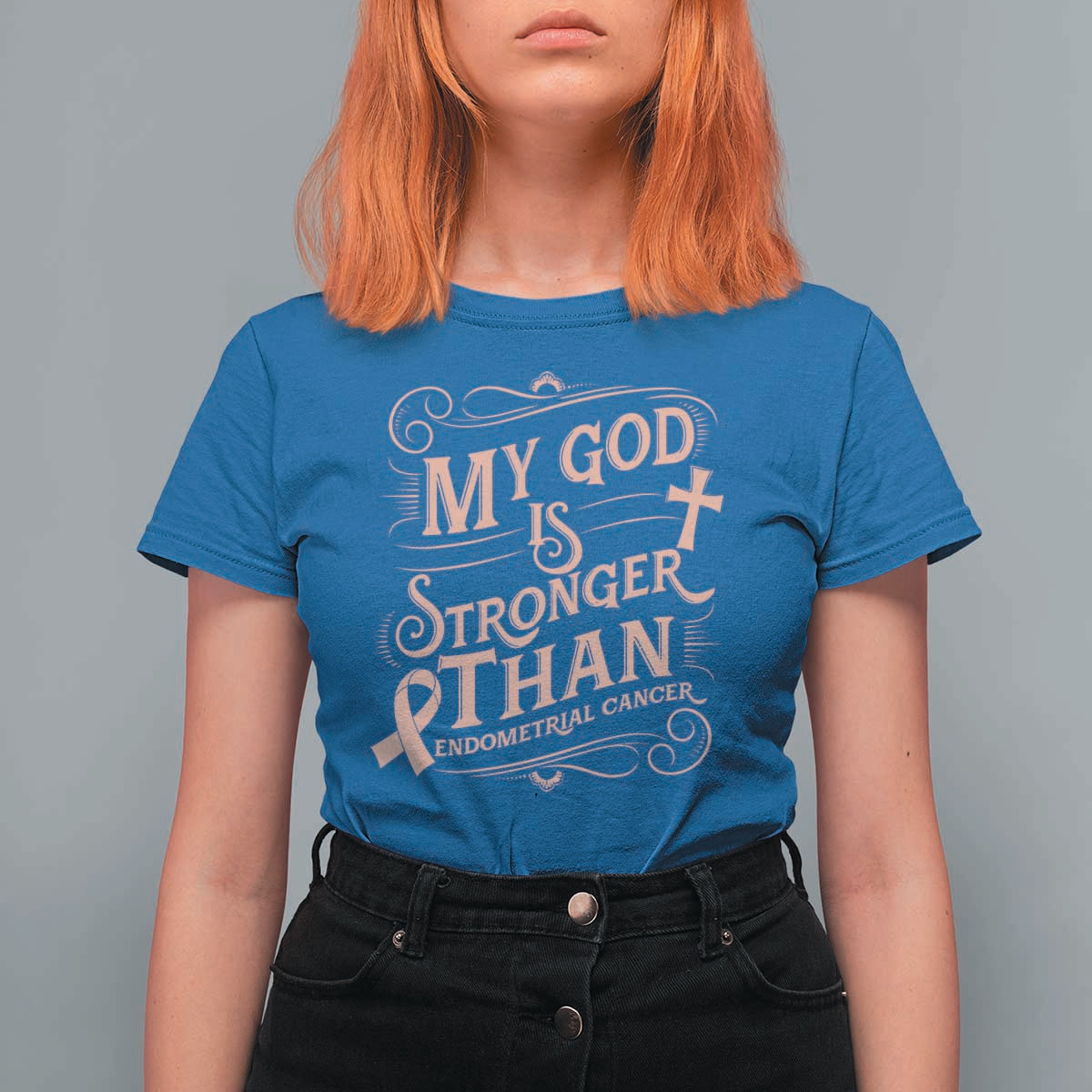 Christian Faith Peach Ribbon T Shirt For Women My God Is Stronger Than Endometrial Cancer