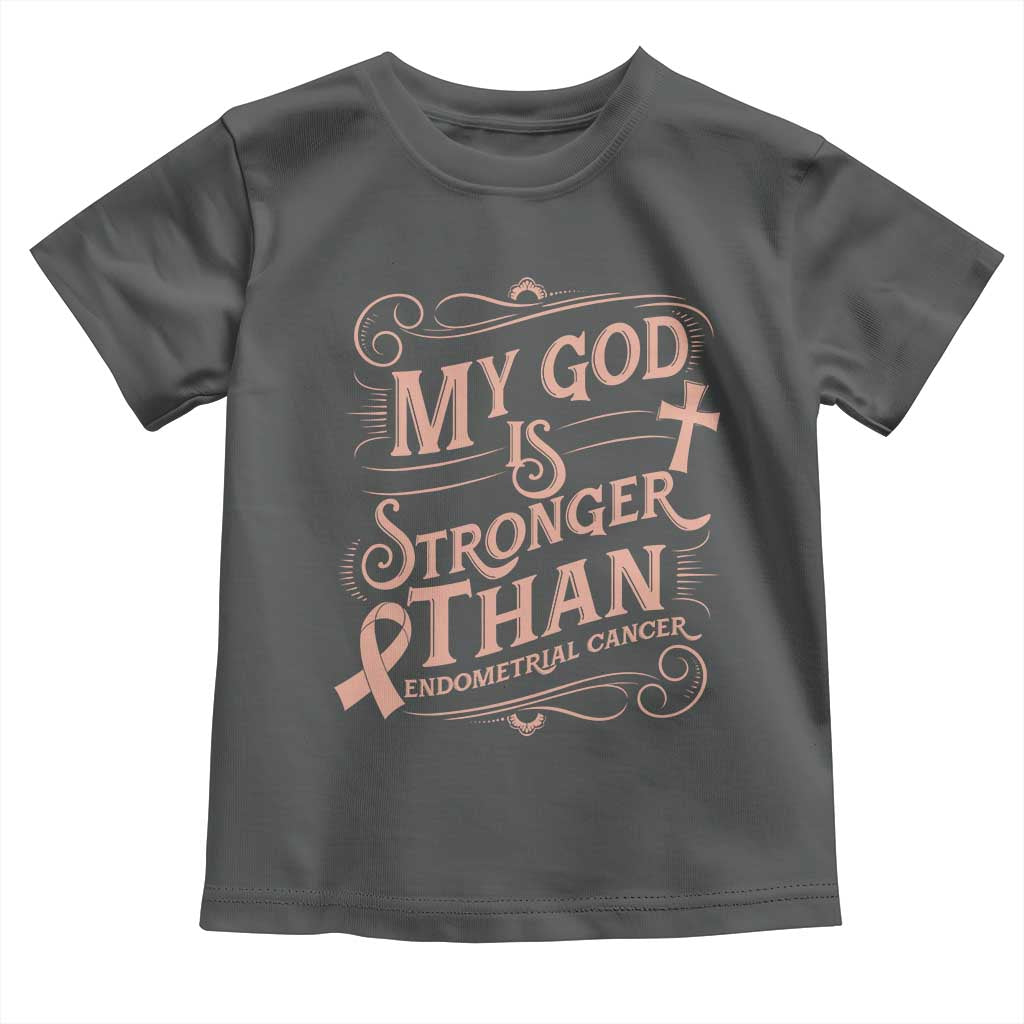 Christian Faith Peach Ribbon Toddler T Shirt My God Is Stronger Than Endometrial Cancer