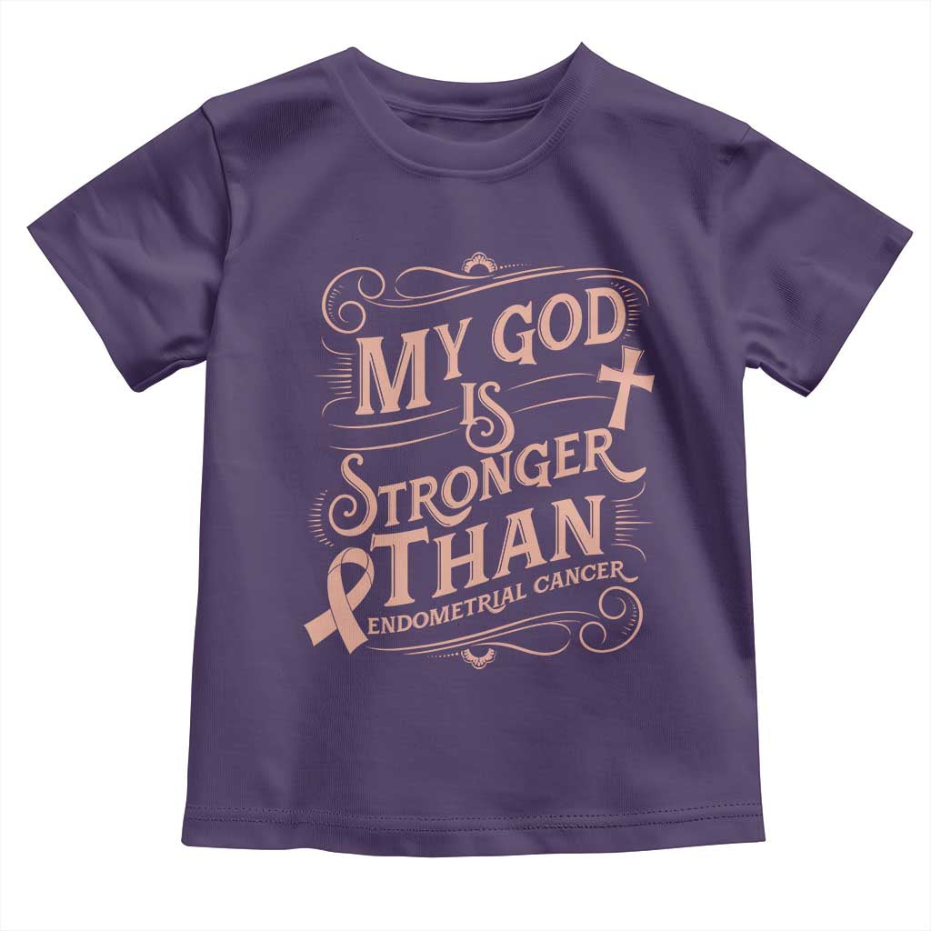 Christian Faith Peach Ribbon Toddler T Shirt My God Is Stronger Than Endometrial Cancer