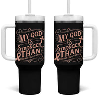 Christian Faith Peach Ribbon Tumbler With Handle My God Is Stronger Than Endometrial Cancer