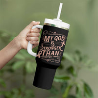 Christian Faith Peach Ribbon Tumbler With Handle My God Is Stronger Than Endometrial Cancer