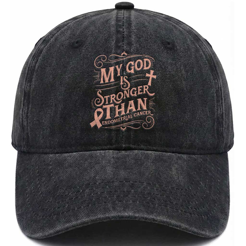 Christian Faith Peach Ribbon Washed Cotton Baseball Cap My God Is Stronger Than Endometrial Cancer