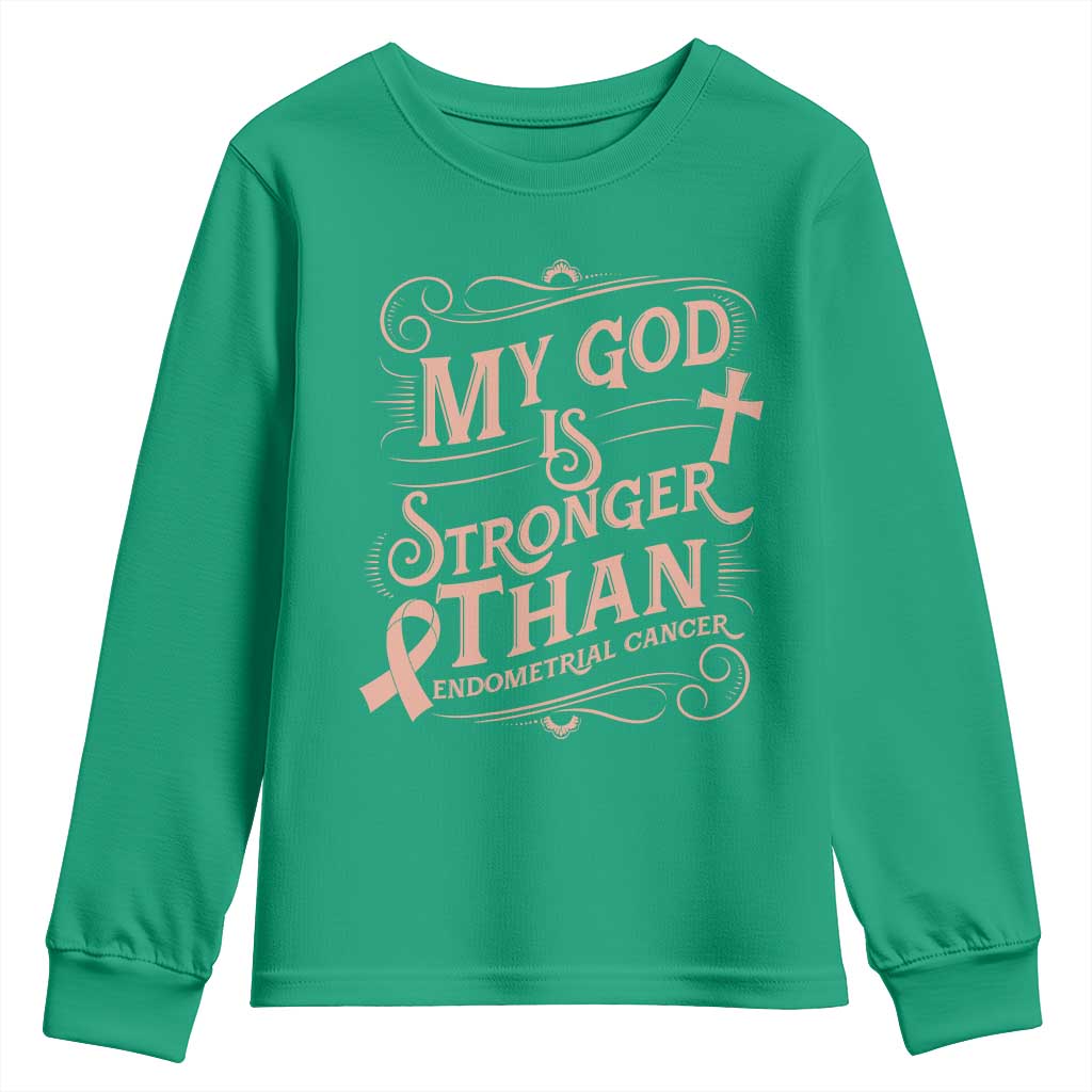 Christian Faith Peach Ribbon Youth Sweatshirt My God Is Stronger Than Endometrial Cancer