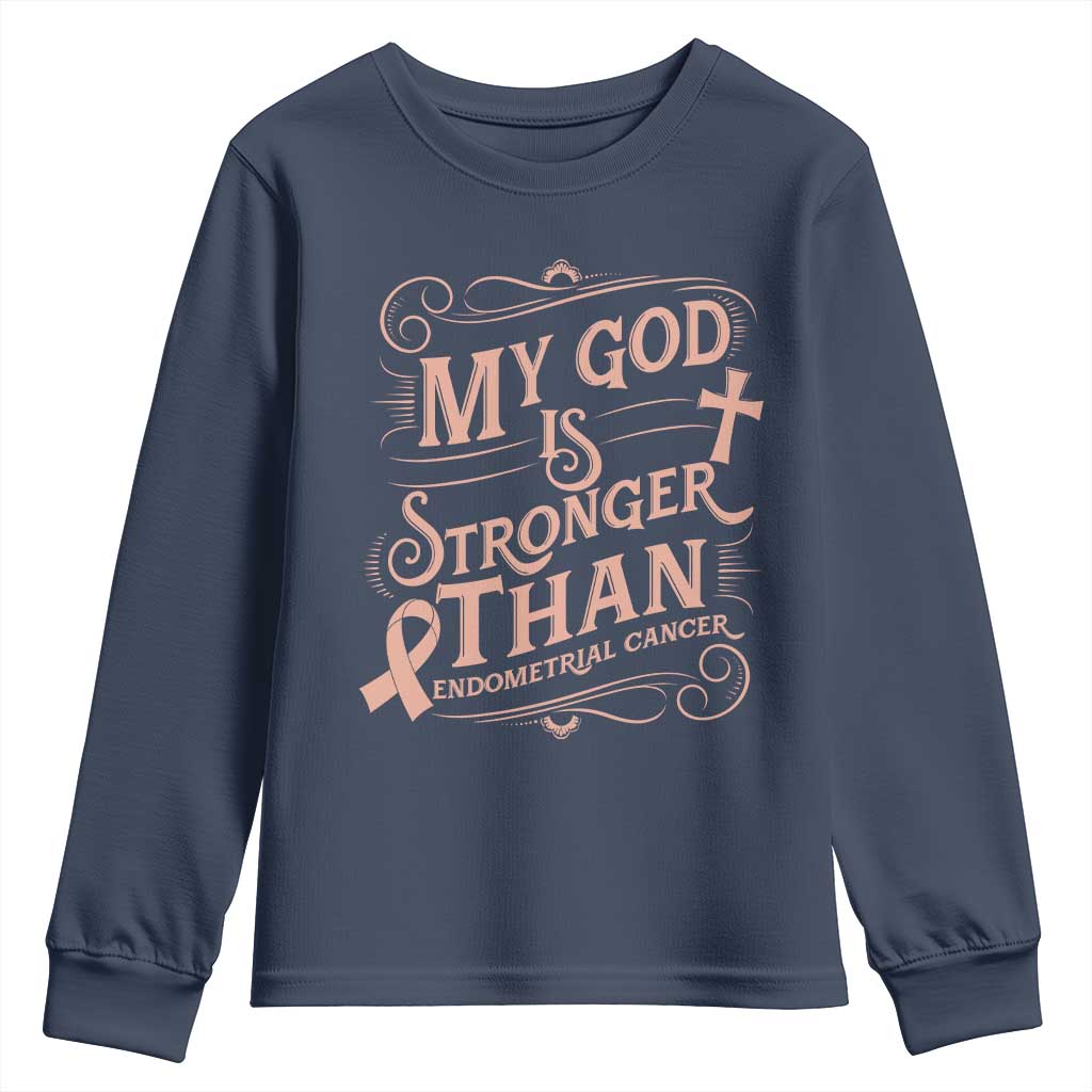 Christian Faith Peach Ribbon Youth Sweatshirt My God Is Stronger Than Endometrial Cancer
