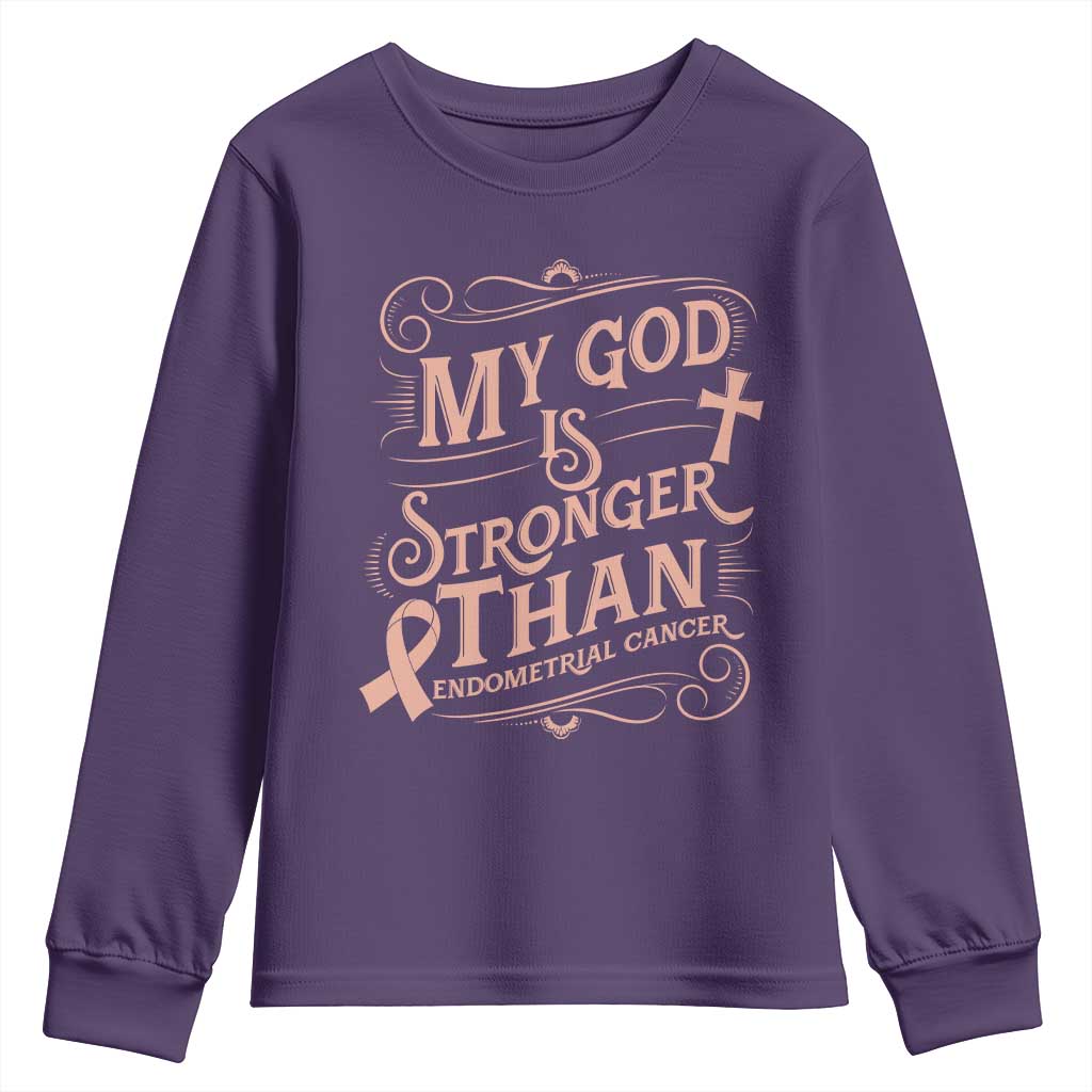 Christian Faith Peach Ribbon Youth Sweatshirt My God Is Stronger Than Endometrial Cancer