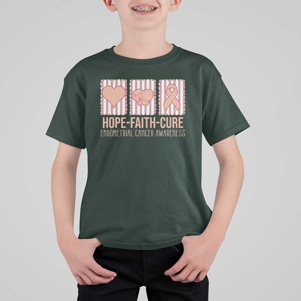 Endometrial Cancer Awareness T Shirt For Kid Hope Faith Cure Peach Ribbon