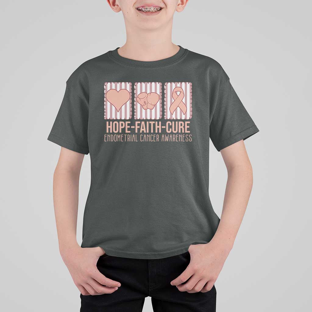 Endometrial Cancer Awareness T Shirt For Kid Hope Faith Cure Peach Ribbon