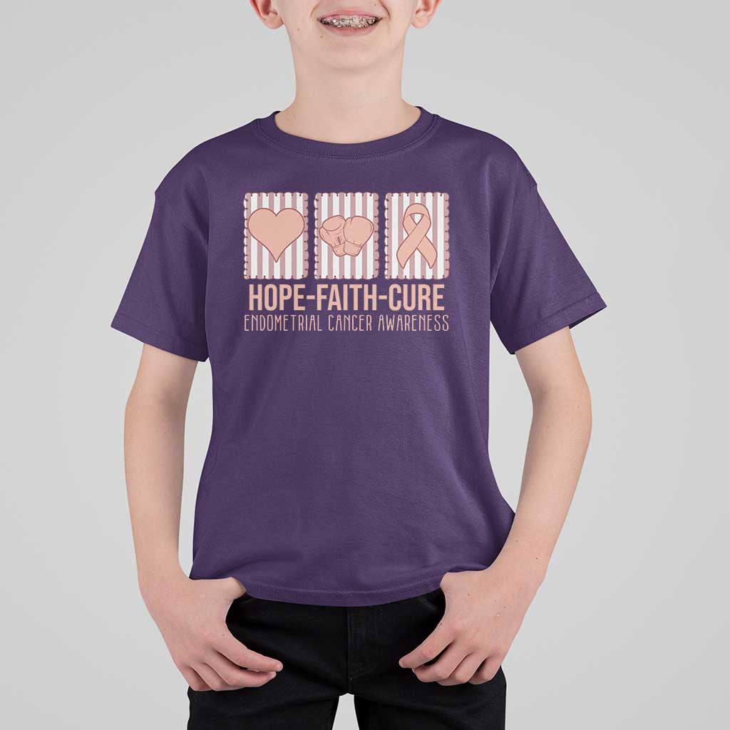 Endometrial Cancer Awareness T Shirt For Kid Hope Faith Cure Peach Ribbon