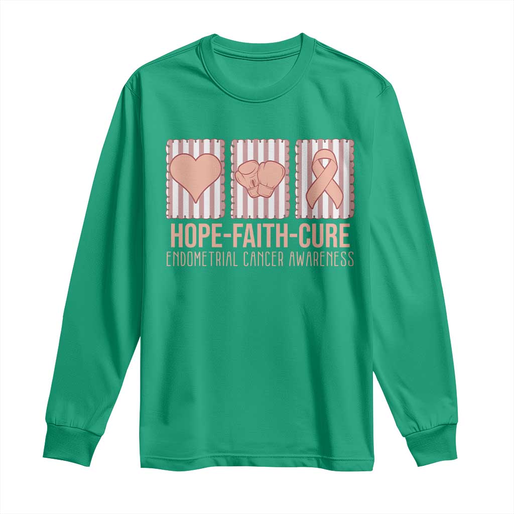 Endometrial Cancer Awareness Long Sleeve Shirt Hope Faith Cure Peach Ribbon