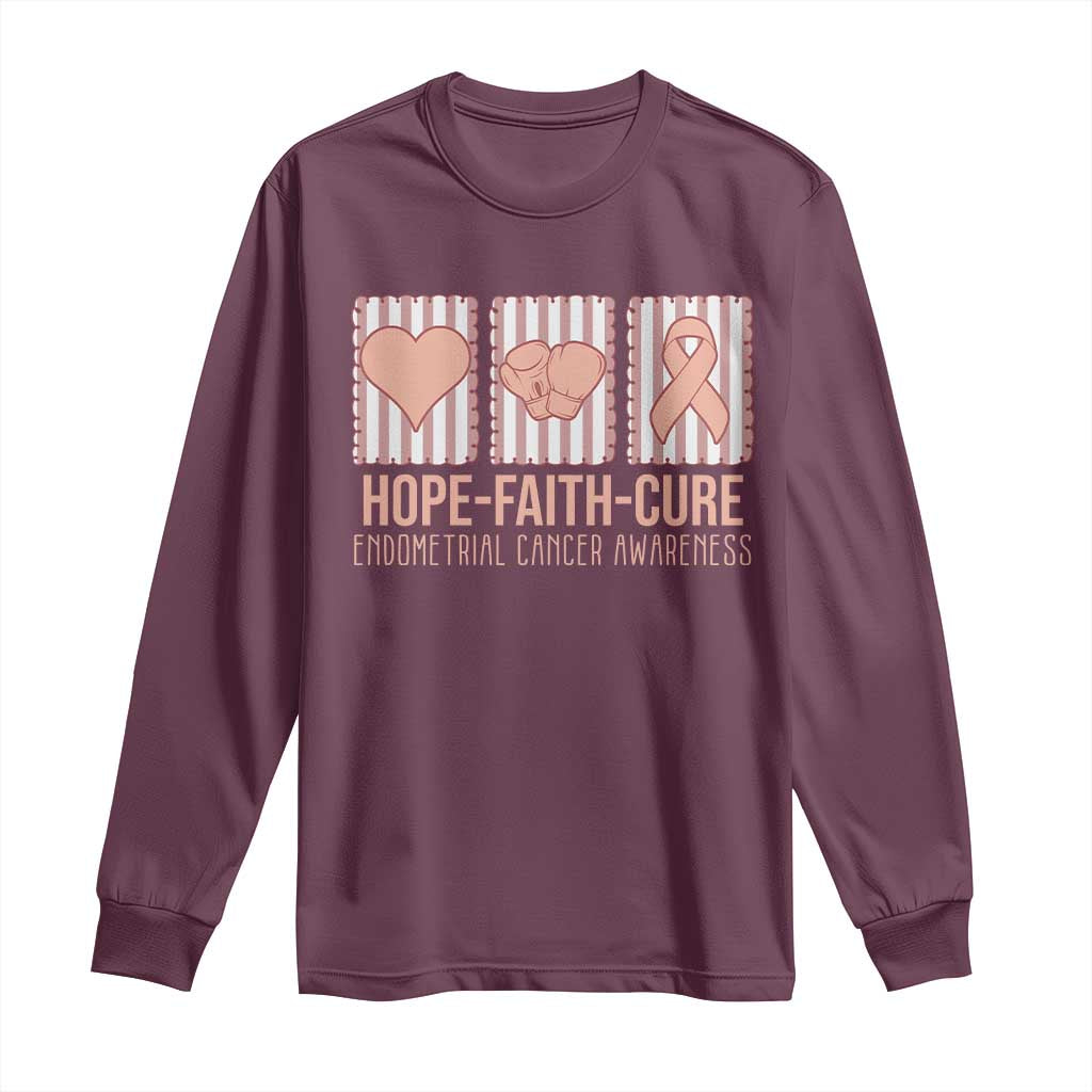 Endometrial Cancer Awareness Long Sleeve Shirt Hope Faith Cure Peach Ribbon