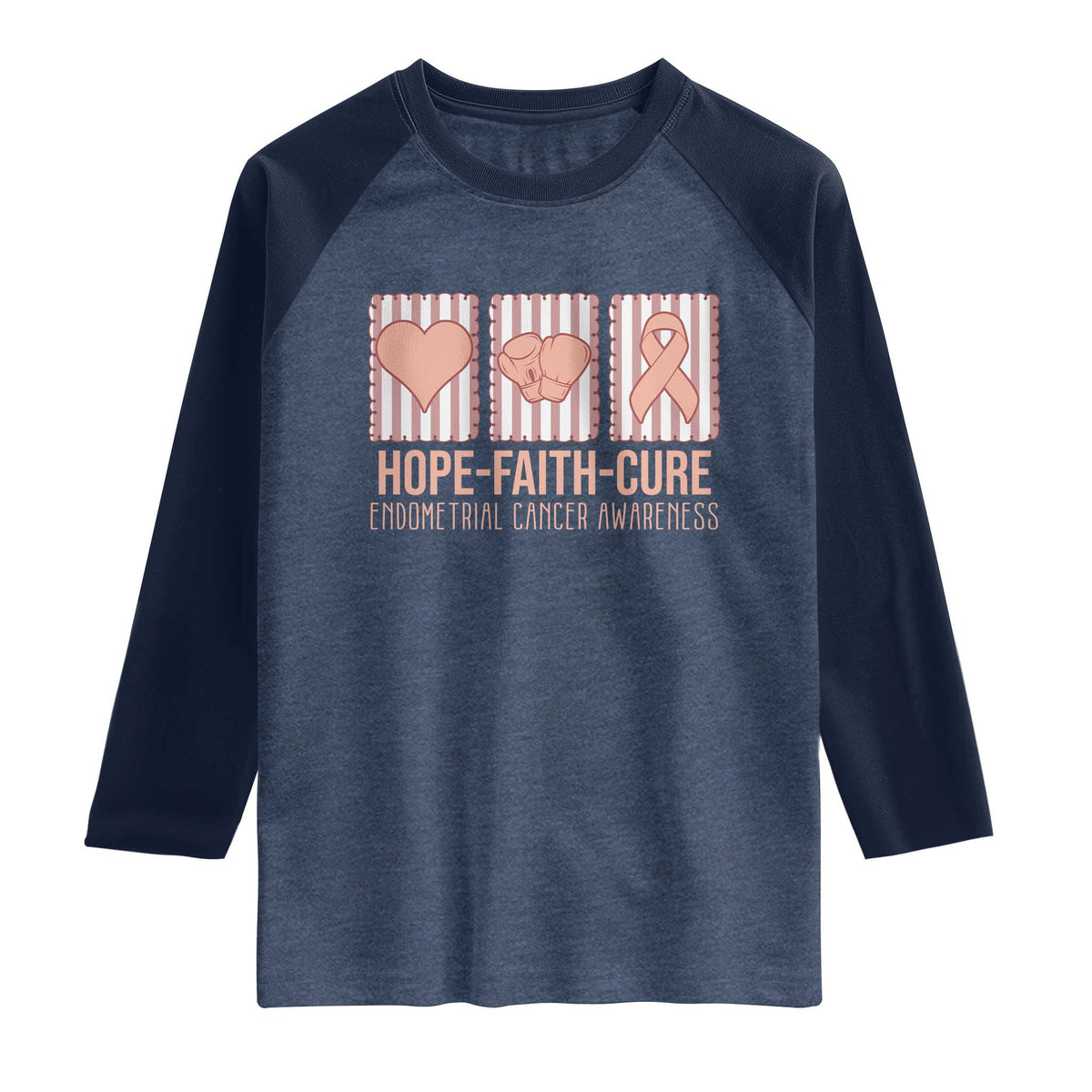 Endometrial Cancer Awareness Raglan Shirt Hope Faith Cure Peach Ribbon