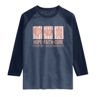 Endometrial Cancer Awareness Raglan Shirt Hope Faith Cure Peach Ribbon