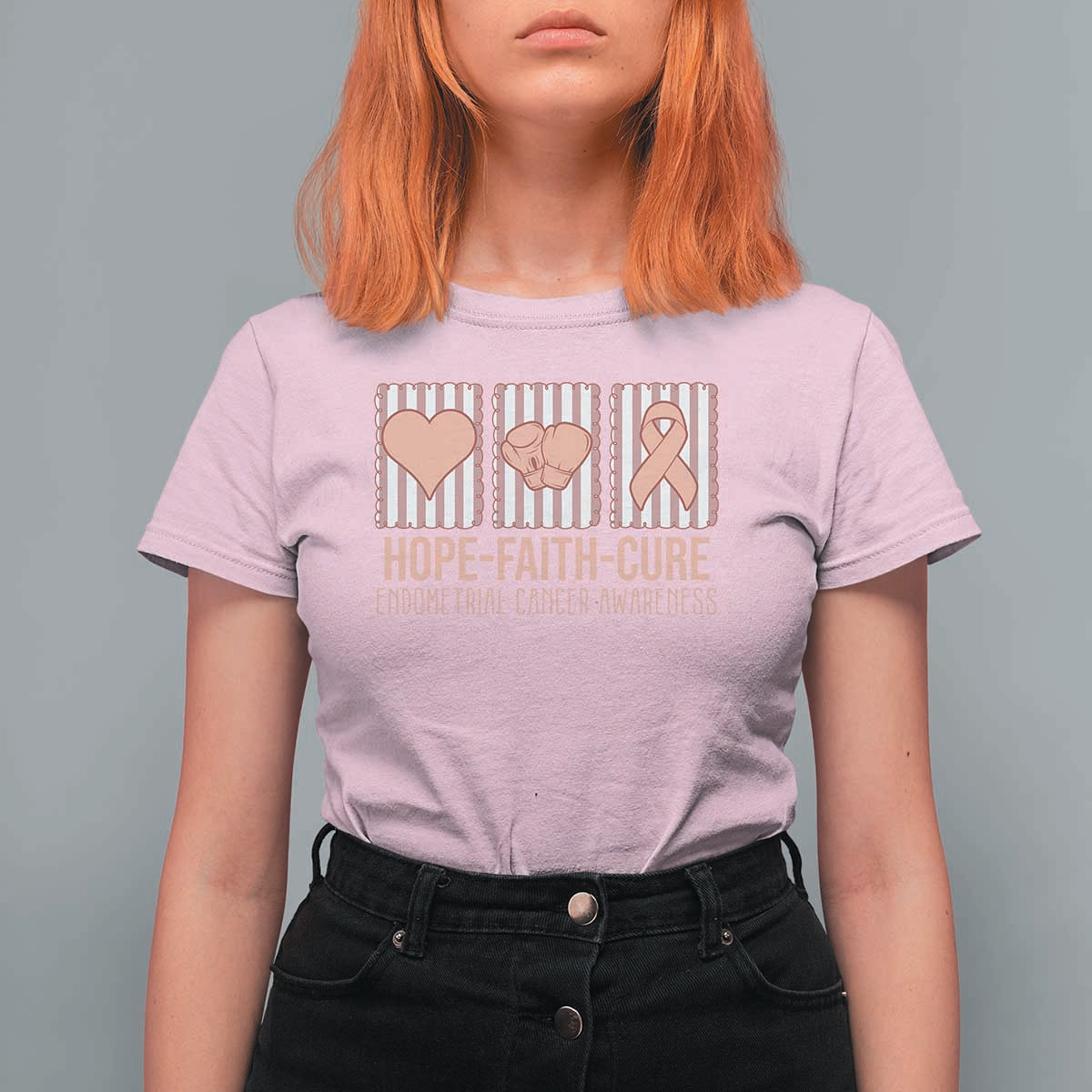 Endometrial Cancer Awareness T Shirt For Women Hope Faith Cure Peach Ribbon