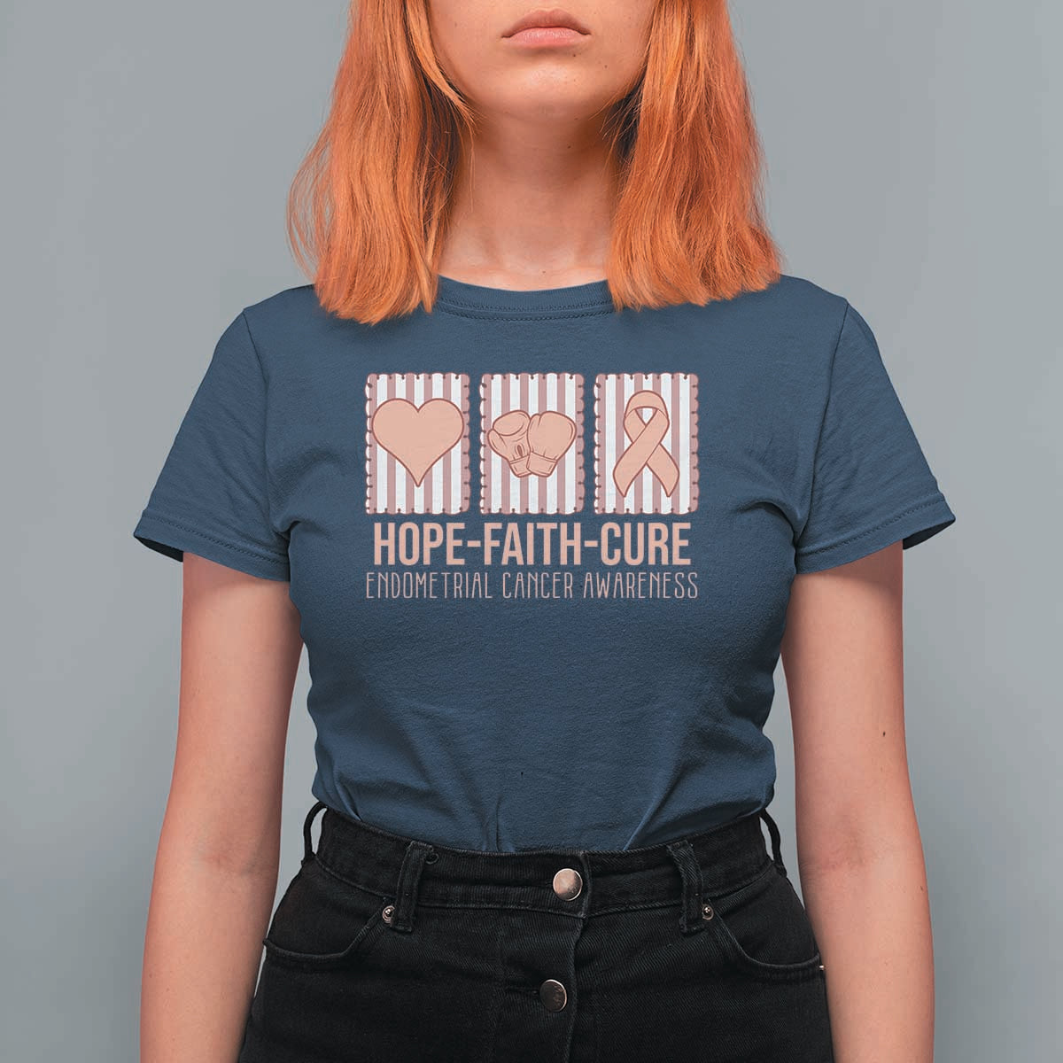 Endometrial Cancer Awareness T Shirt For Women Hope Faith Cure Peach Ribbon