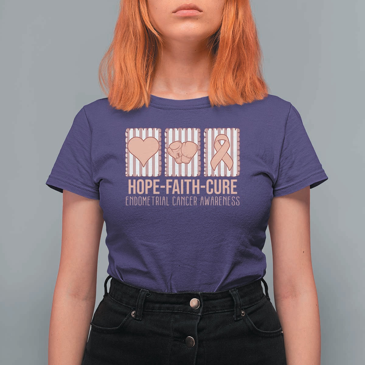 Endometrial Cancer Awareness T Shirt For Women Hope Faith Cure Peach Ribbon